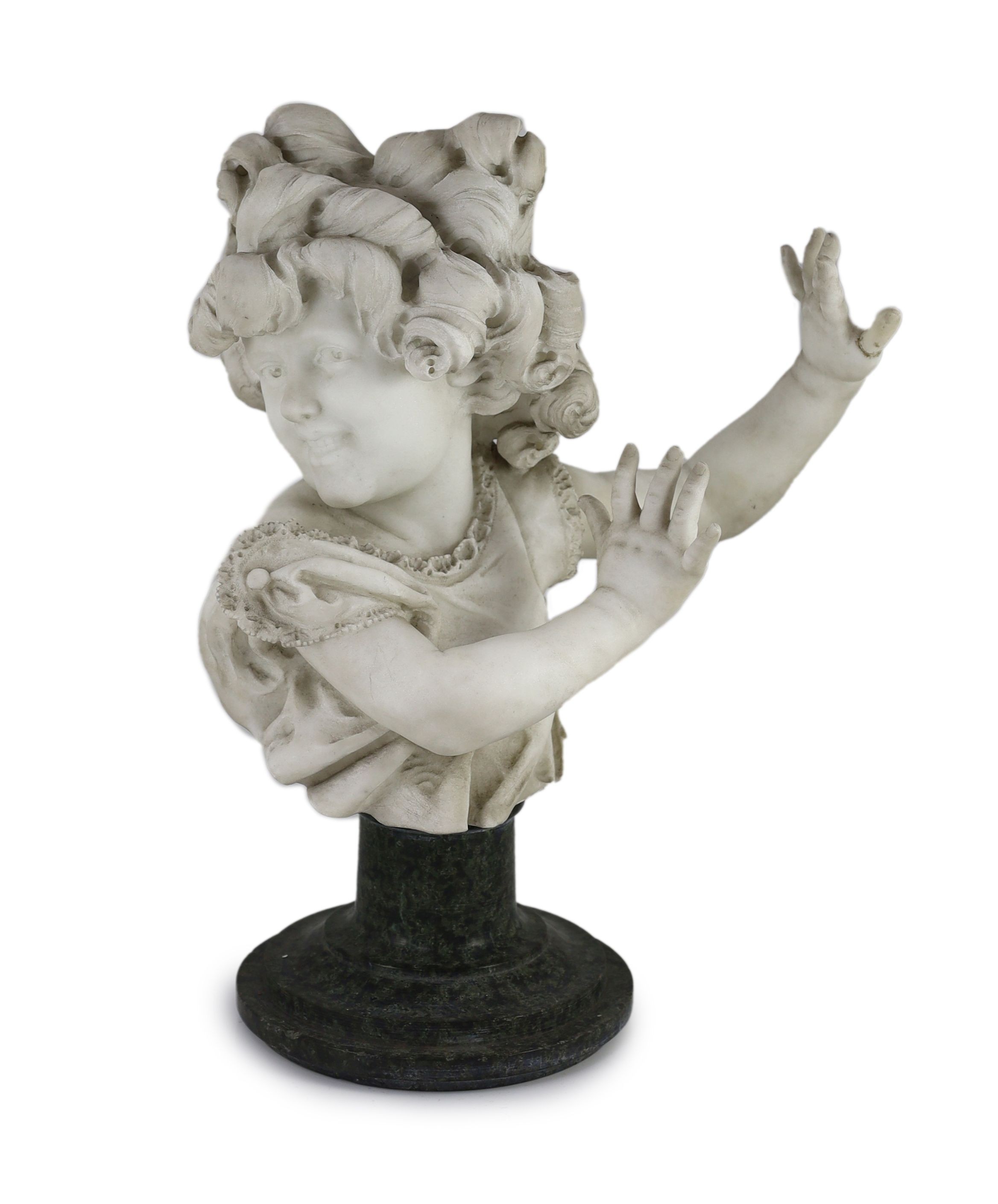 A late 19th / early 20th century Italian white marble bust of a girl with raised hands, height 51cm